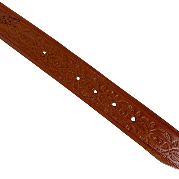 Tooled Leather Belt With Braided Detail & Embossed Design Size 36 Made in Mexico - Picture 4 of 6